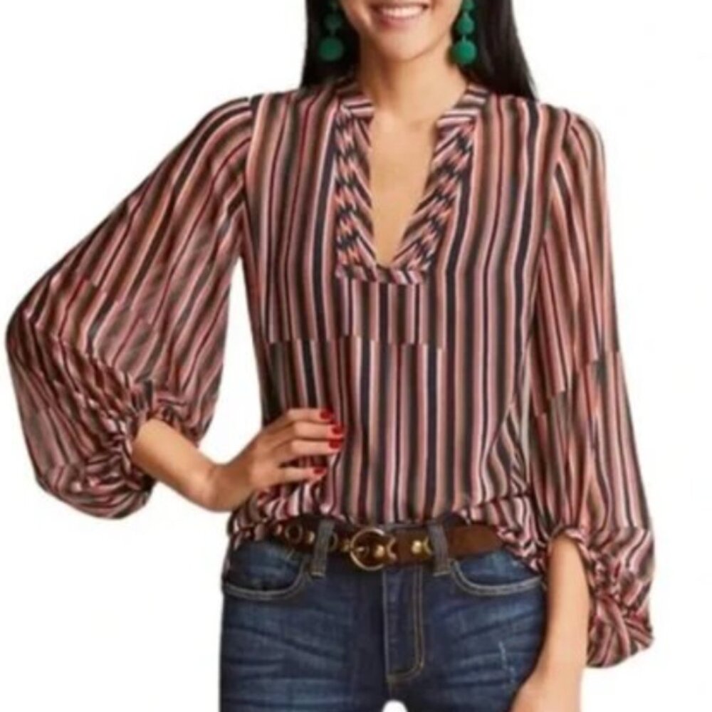 Cabi The Ultimate Blouse Medium Orange Black Striped Sheer Balloon Sleeve